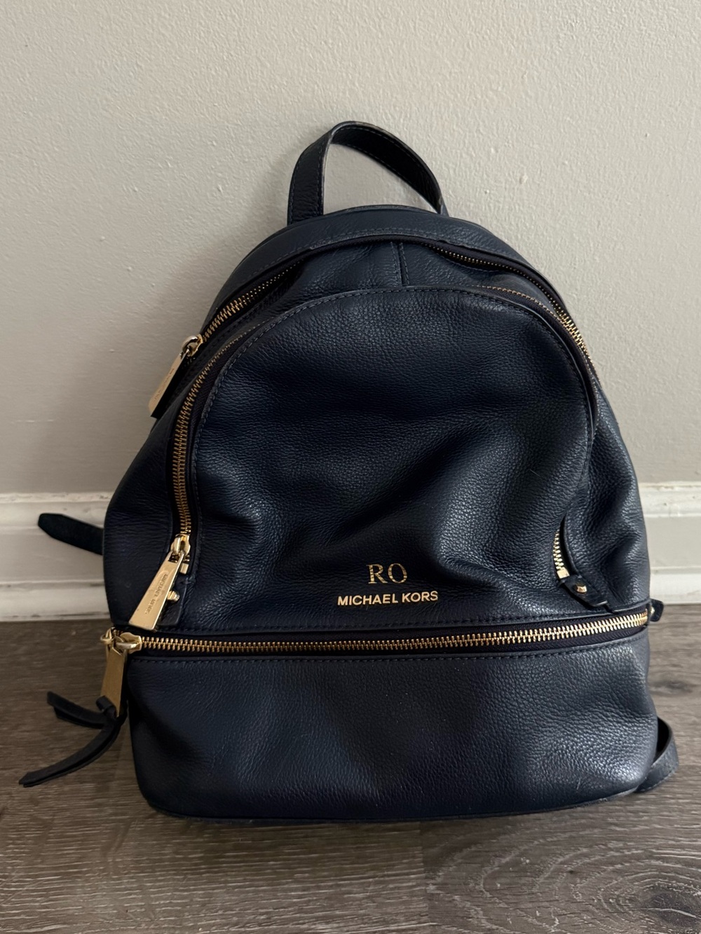 Michael Kors Pebbled Leather Backpack in Navy Blue *Gold Initials Stamp